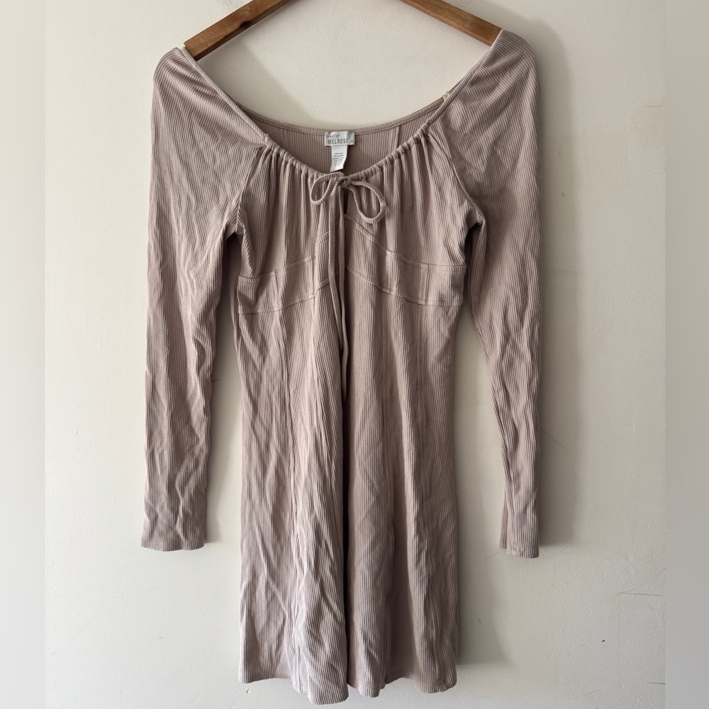 West of Melrose Beige Ribbed Flowy Dress Scoop Neck Tie Detail